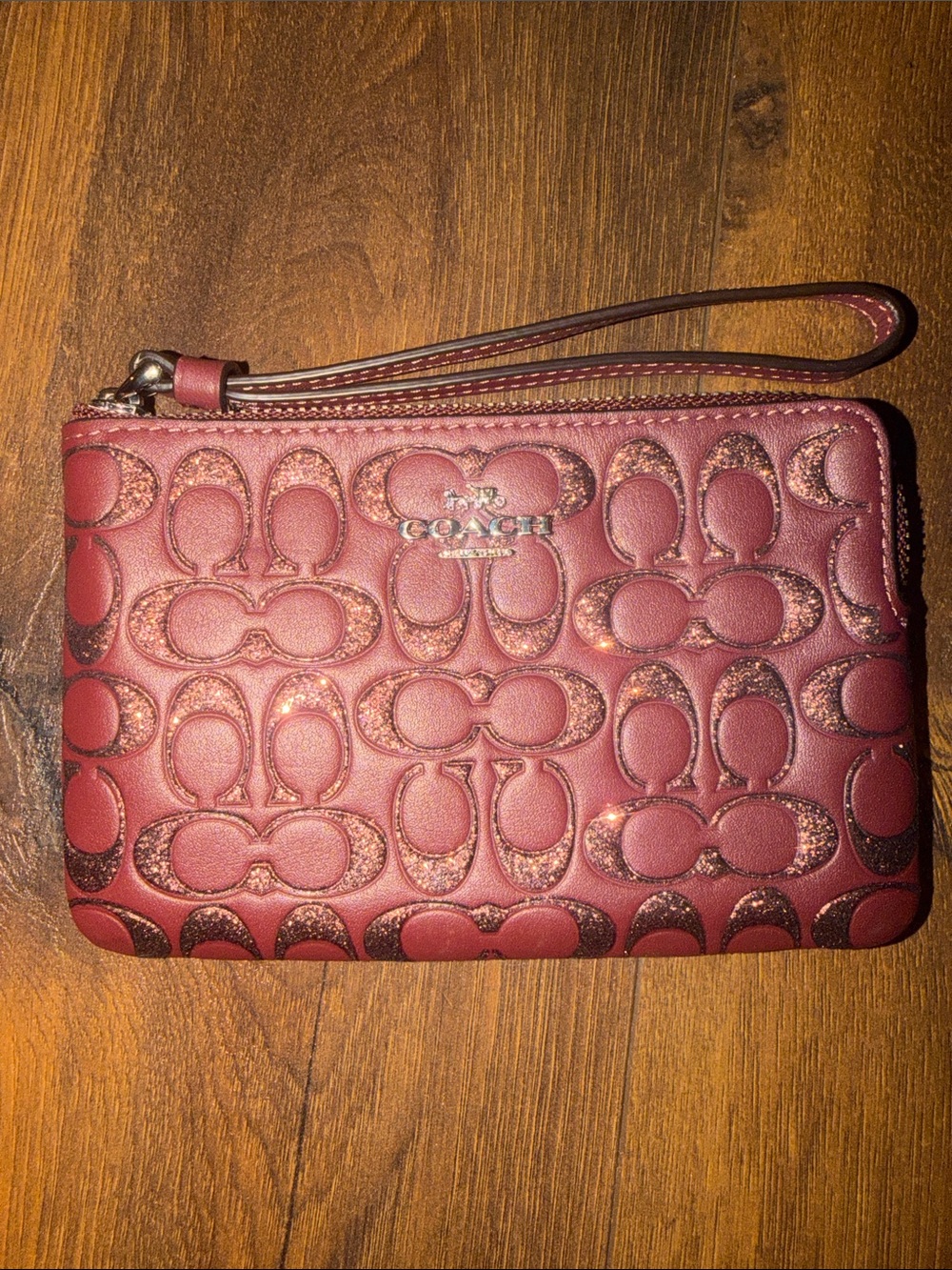 Coach F80214 Maroon Burgundy Glitter Leather Corner Zip Wristlet Purse Wallet
